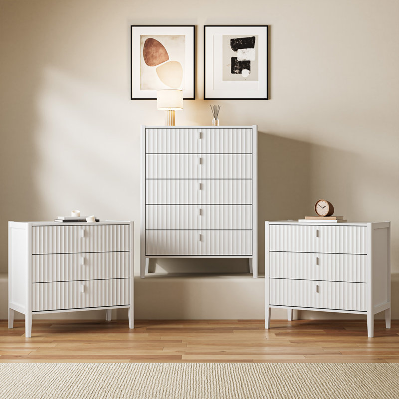 Ensemble de chambre à coucher 3 pièces, commode 5 tiroirs et ensemble de table de chevet 3 tiroirs Elda, White