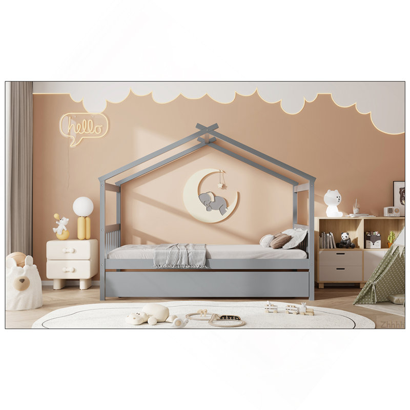 Lit simple en bois avec lit gigogne simple, Twin, Gray