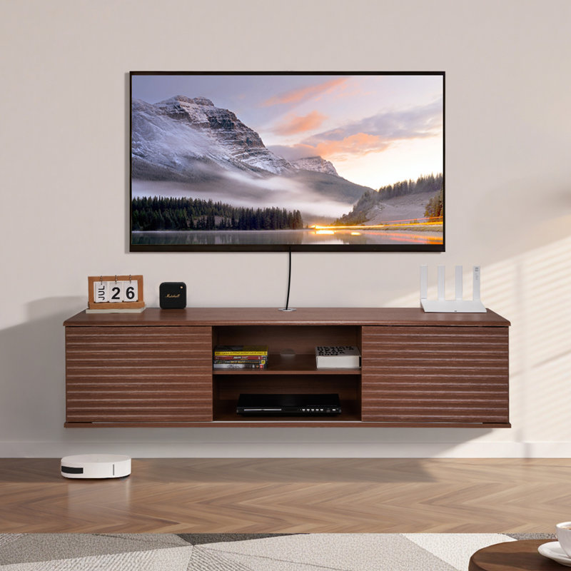 Floating TV Stand, 60" Wall Mount Entertainment Center with Adjustable Shelf & Sliding Doors, 2 Tiers Floating TV Shelf with Storage Cabinet for DVD Player, Cable Box, Game Console, Walnut
