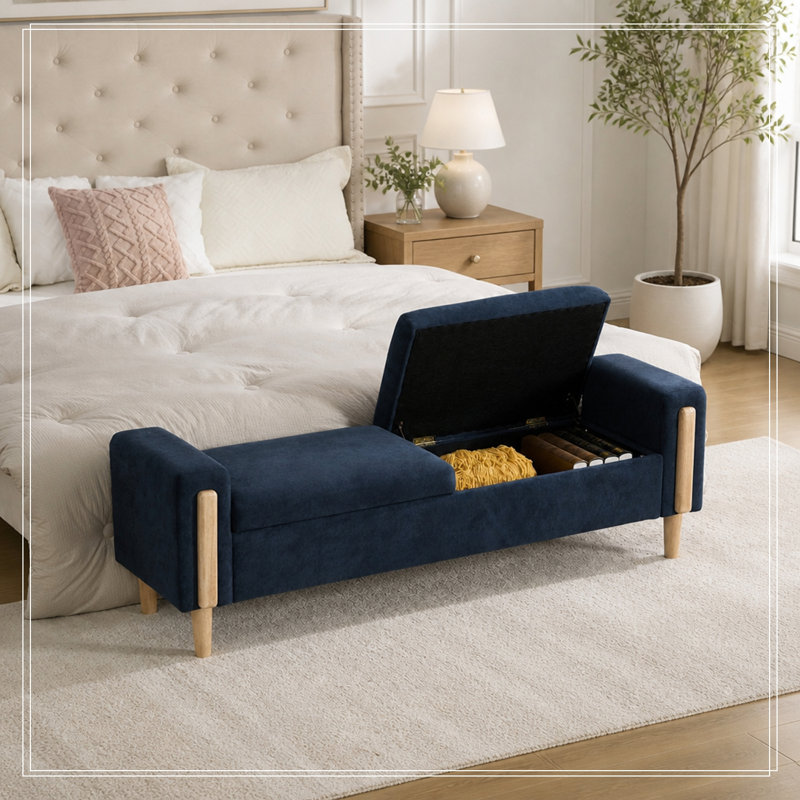 Chenille rembourrée en chenille avec accoudoirs et pieds robustes, Bleu