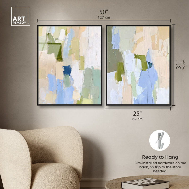 «Tranquil Green Meadow Duo», ensemble de décorations murales vertes encadrées par Art Remedy, H 31 po x l 25 po, Cadre noir