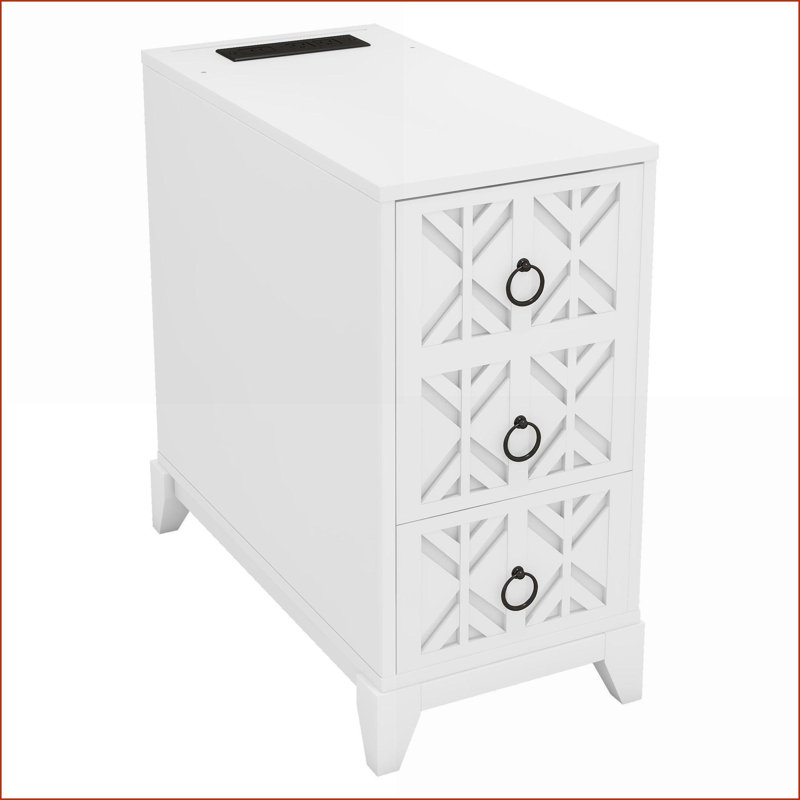 Table de chevet blanche à 3 tiroirs avec station de charge & amp; Tablettes réglables