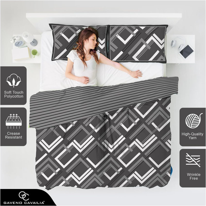 Modern Geometric Pattern Duvet Cover Set with Pillowcases, Polycotton Fabric with Long Lasting Yarn, Single Double King Bedding