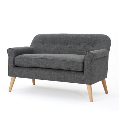 Mid-Century Modern 3 - Seater Sofa in Dark Gray Textured Fabric - Comfortable Upholstered Couch with Sturdy Wooden Legs, Minimalist Living Room Furnit