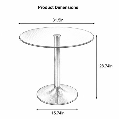 Table bistro 31,5 po ronde en verre trempé, petite table de salle à manger et table d'appoint avec piédestal chromé argenté, pour la cuisine, le café et le salon