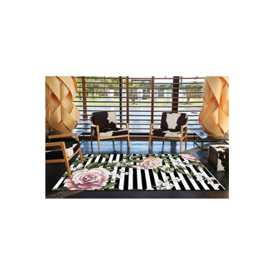 Tapis décoratif à rayures géométriques modernes à motif de roses et de feuilles