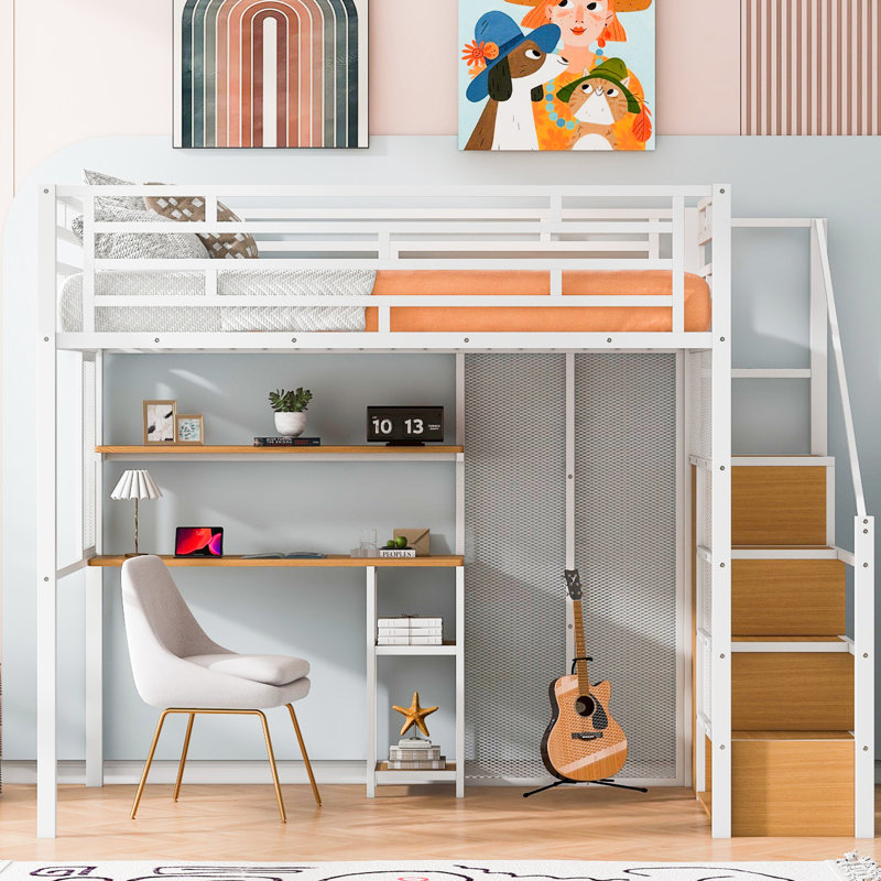 Lit mezzanine pleine grandeur en métal blanc Space avec armoire, bureau et tablettes intégrées de rangement, Blanc