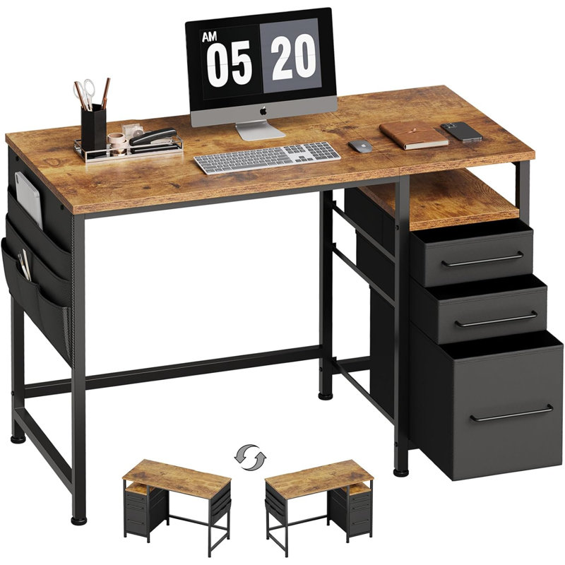 Maihail Small Desk With Drawers, 40 Inch Computer Desk With Shelves, Writing Desk With Storage, Small Office Desk With Metal Frame,