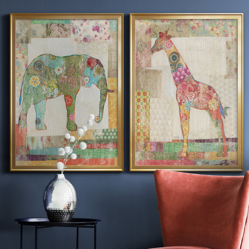 «Elephant Montage», ensemble de 2 impressions, H 26,5 po x l 73 po x P 1,5 po, Toile encadrée dorée, Pas de tapis