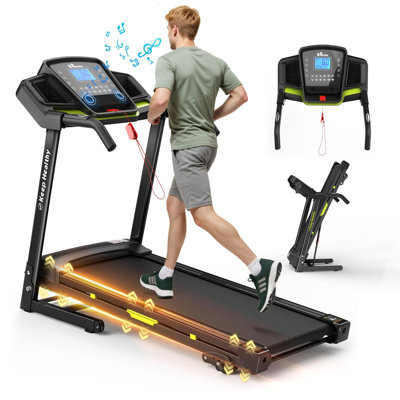 3.5HP Folding Treadmill, 0.5-8.5MPH Running Machine with 3-Level Incline, Hydraulic Gas Spring, Bluetooth Audio, Heart Rate Sensor, Max 330LBS for Home Gym