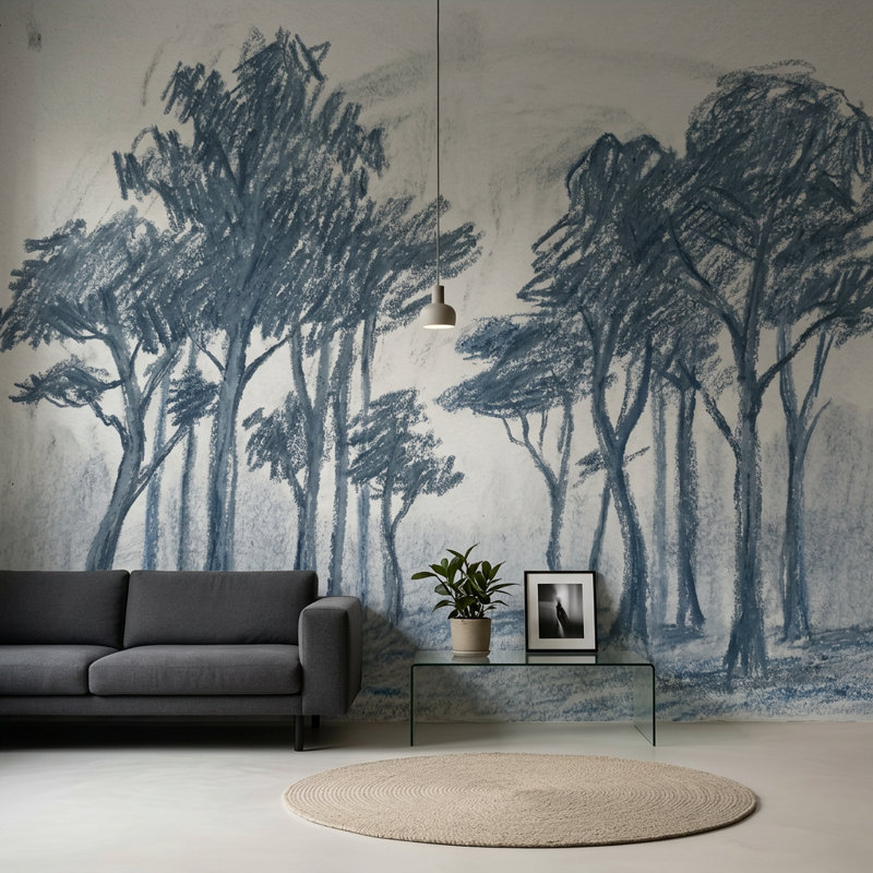 Papier peint arbre et croquis bleu gris, 120 po x 96 po, Peler et coller