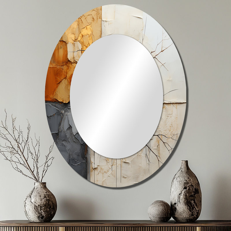 Abstrait fractal gris et jaune abstrait - Miroir décoratif ovale abstrait sur métal, 40 po x 30 po