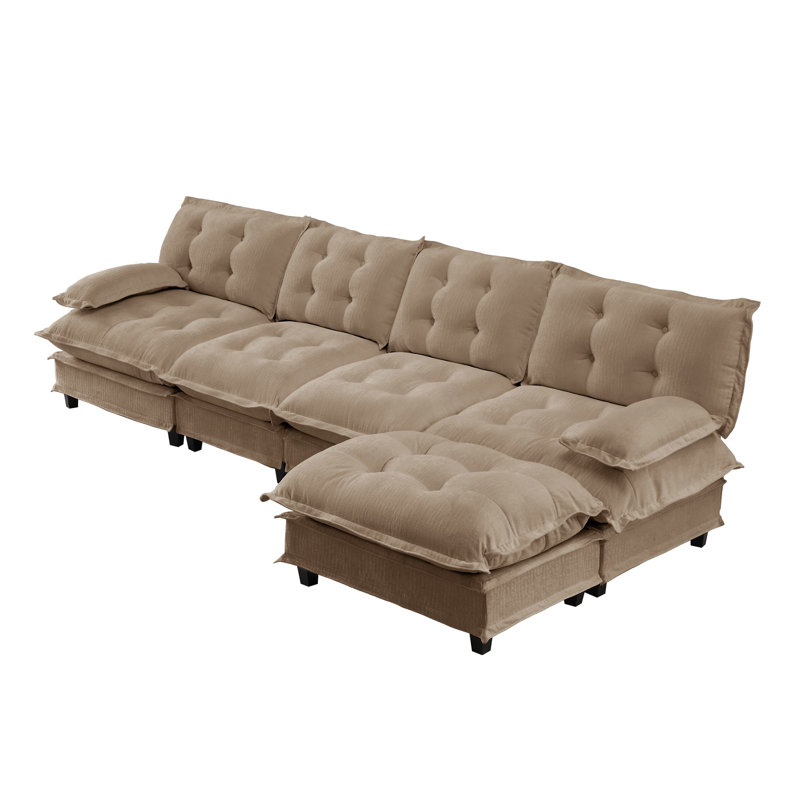 Canapé modulaire modulaire en forme de L de 138 po en forme de L avec repose-pieds 4 places, canapé profond en chenille 4 places avec coussin en treillis confortable décoré, chambre à coucher et appartement, café clair