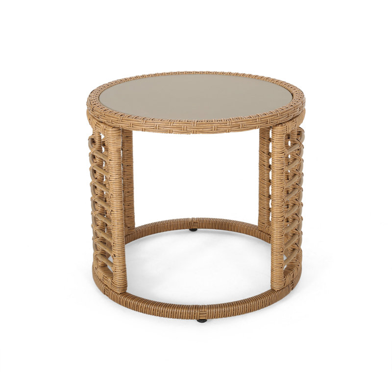 Table d'appoint ronde, plateau en verre trempé de 18 po, acier, faux rotin brun
