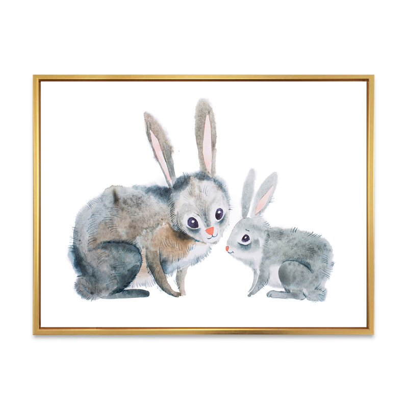 Mère lapin et bébé lapin - peinture sur toile, H 24 po x l 32 po, Toile à cadre flottant doré