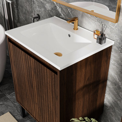 24 Inch Bathroom Vanity, Ceramic Sink, Waterproof Cabinet, Floor - Standing Structure, Large Drawers Modern Dual Installation Options, , Easy To Clean Sink