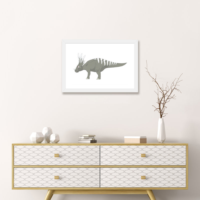 " Styracosaurus Pencil Drawing With Digital Color " by Alice Turner, 16" H x 24" W  1" D, White Framed Paper, White