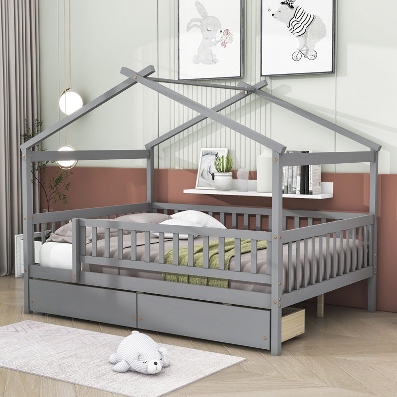 Heulwen Two Drawers Wooden House Bed, Full, Gray
