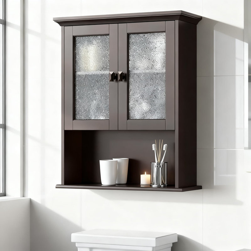 Armoire à pharmacie murale avec porte en verre trempé - Organisateur de rangement au-dessus de la toilette avec charnières et système de tasseaux