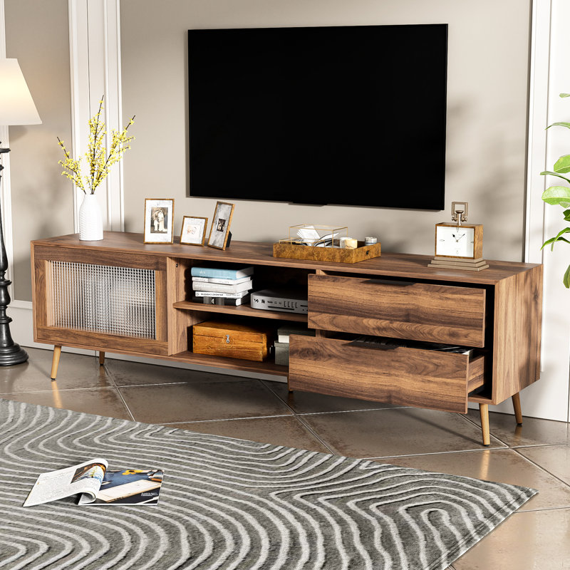 Meuble audio-vidéo moderne en noyer avec 2 portes en verre, tiroirs, télé 70 po + 75 po