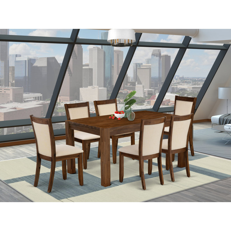 7 Piece Modern Dining Table Set Consist of a Rectangle Rustic Wood Wooden Table and 6 Light Beige Linen Fabric Upholstered Chairs, Walnut