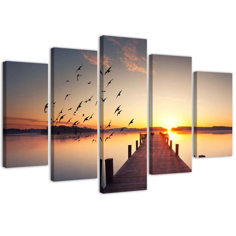 Jetty Birds At Sunset - 5 Piece No Frame Print on Canvas, 100cm H x 200cm W