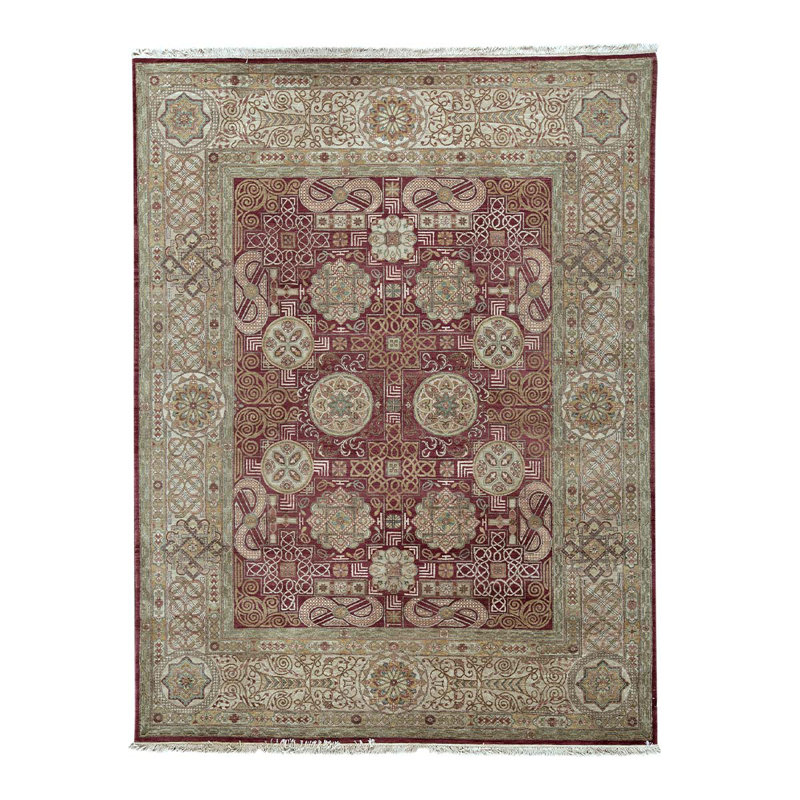 Tapis beige / rouge / bleu clair en laine noué à la main de conception unique 9 pi 1 po x 11 pi 11 po