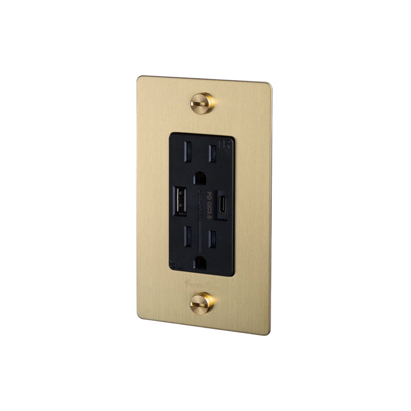 1G Combination Duplex Outlet And USB-A + C Charger / With Logo , Brass