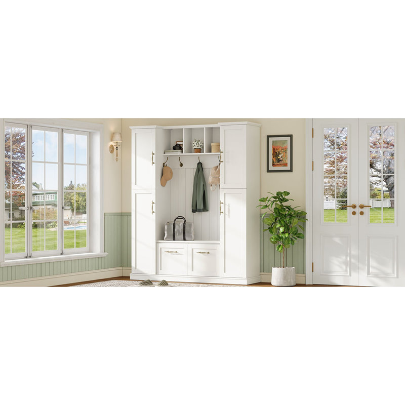 Farmhouse Elegant Hall Tree with 4 Side Cabinets, All-in-One Mudroom Furniture with Adjustable Shelves & Open Cubbies, Beadboard Entryway Bench with Coat Rack & 5 Hooks