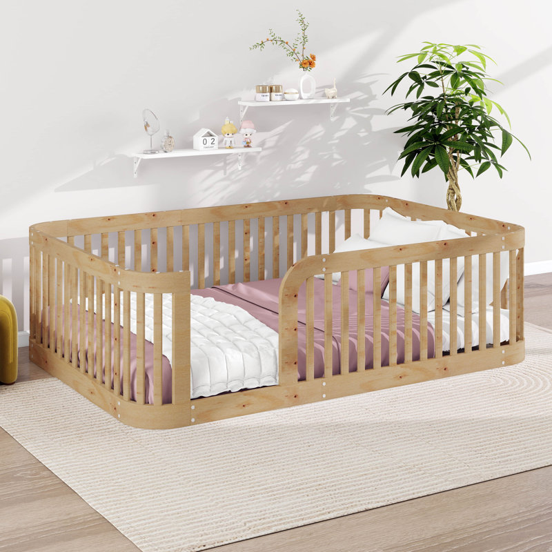Structure de lit double Montessori avec clôture, conception sans lattes pour le jeu créatif, espace de bricolage, barrière de sécurité en bois massif