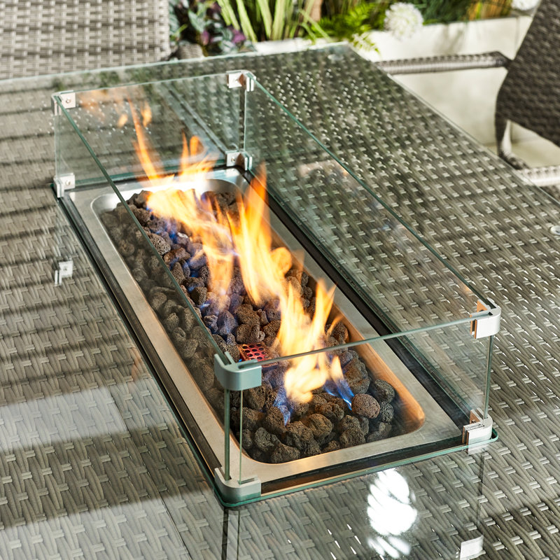 Marcella Rattan 6 Seater Garden Dining Table With Smokeless Fire Pit Table - Modern Garden Set, Grey