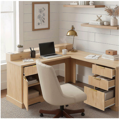 Bureau en L 59 po cannelé avec station de charge et armoire de rangement 59 po Modern