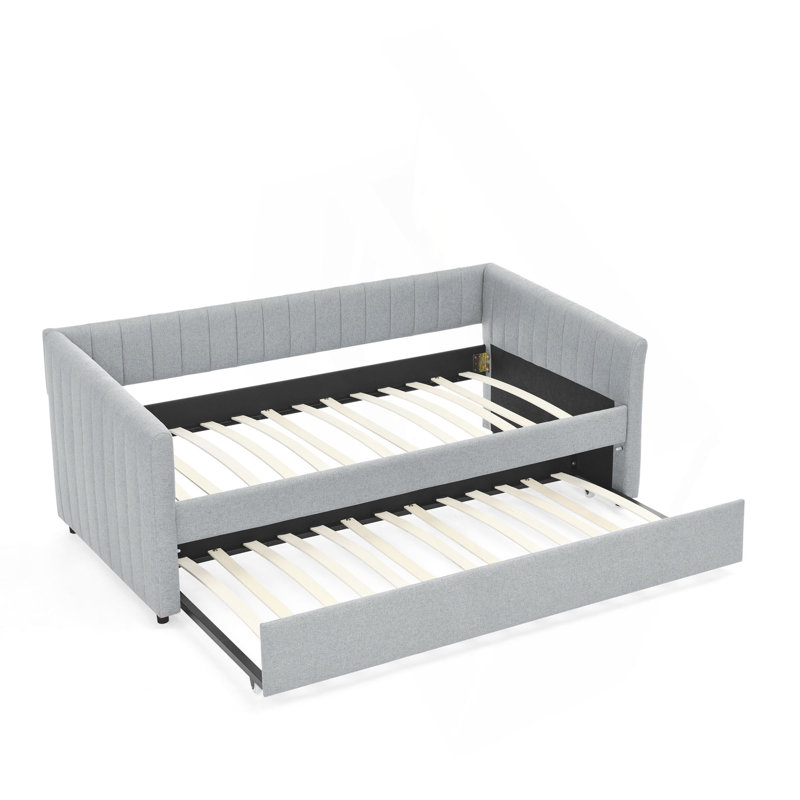 Twin Size Daybed With Trundle Upholstered Sofa Bed, With Vertical Stripes, Linen Fabric (82.5"X43"X30")