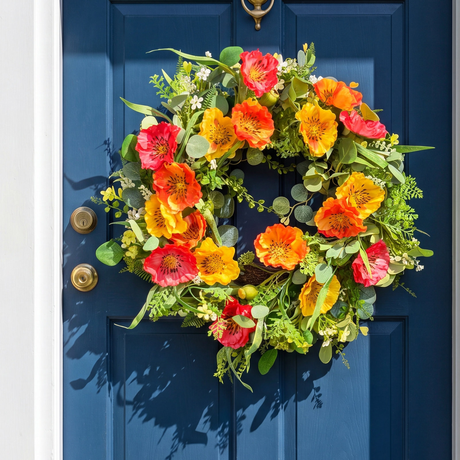 Artificial Farmhouse Blossoms Cluster Greenery Eucalyptus Berry Corn Poppy Floral Spring Summer Wreath For Front Door