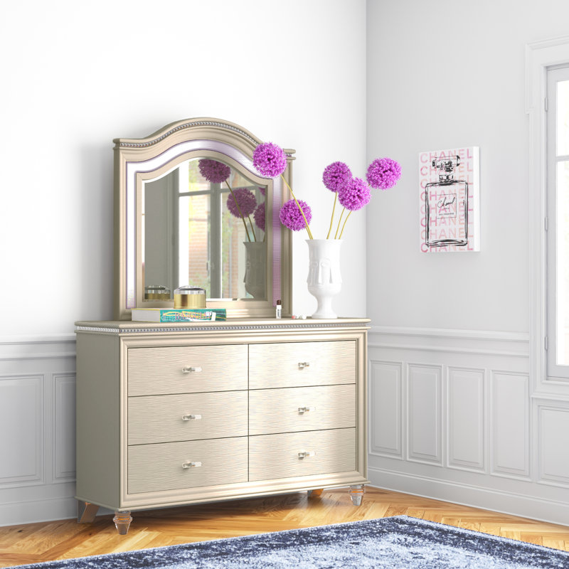 Commode double 6 tiroirs avec miroir Sienna, Blanc perle