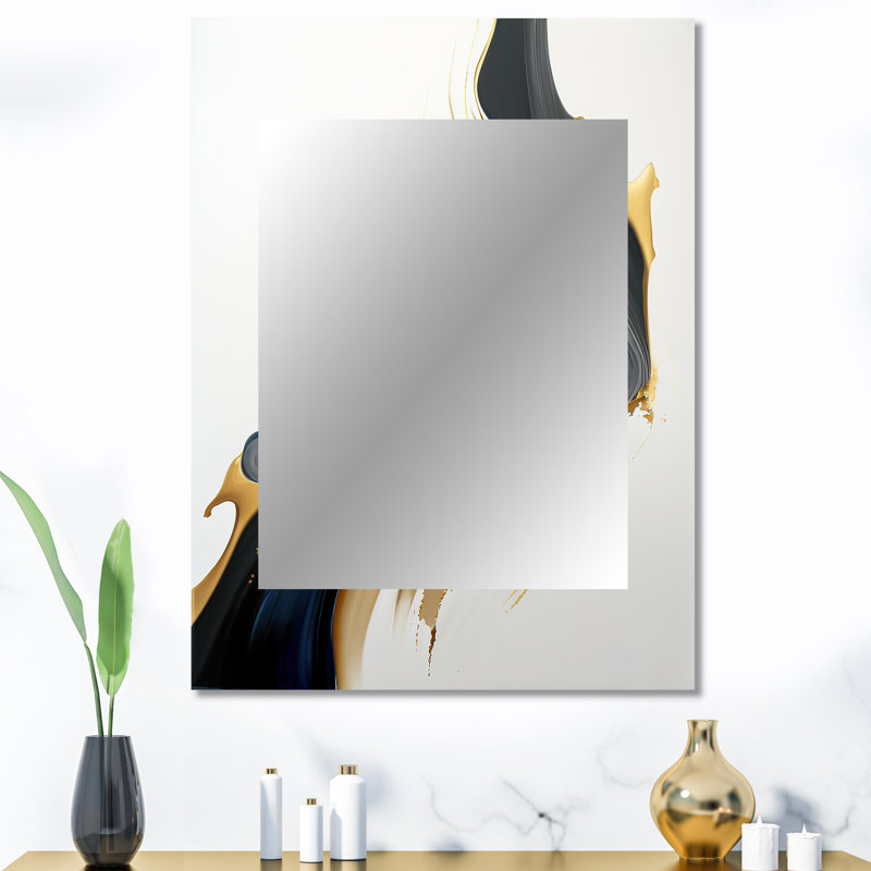 Black, White And Gold Liquid Art II - Liquid Ink Decorative Mirror, Black Wall Mirror, Printed Metal Art, 40" x 30"
