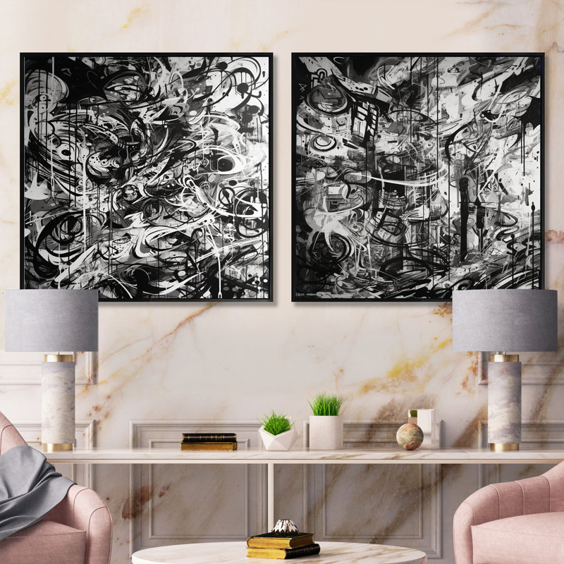 Graffiti noir et blanc - Ensemble de 2 collages carrés à formes abstraites, Cadre flottant noir, H 16 po x l 33 po