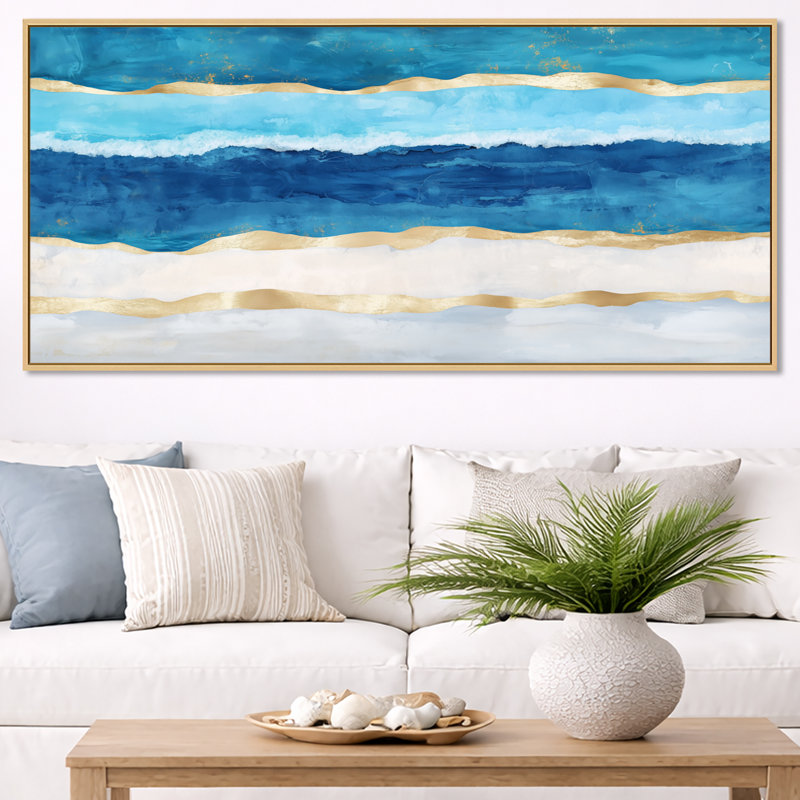 Art mural vague tropicale, toile océan or bleu, ondulations de plage tropicales or bleu, Cadre naturel flottant