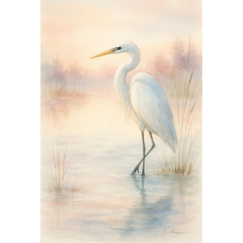 Toile tendue Blush Horizon: Aigrette dans les eaux douces du lever du soleil, H 40 po x l 30 po