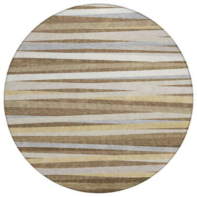 8' Brown Beige And Gray Round Striped Washable Indoor Outdoor Area Rug