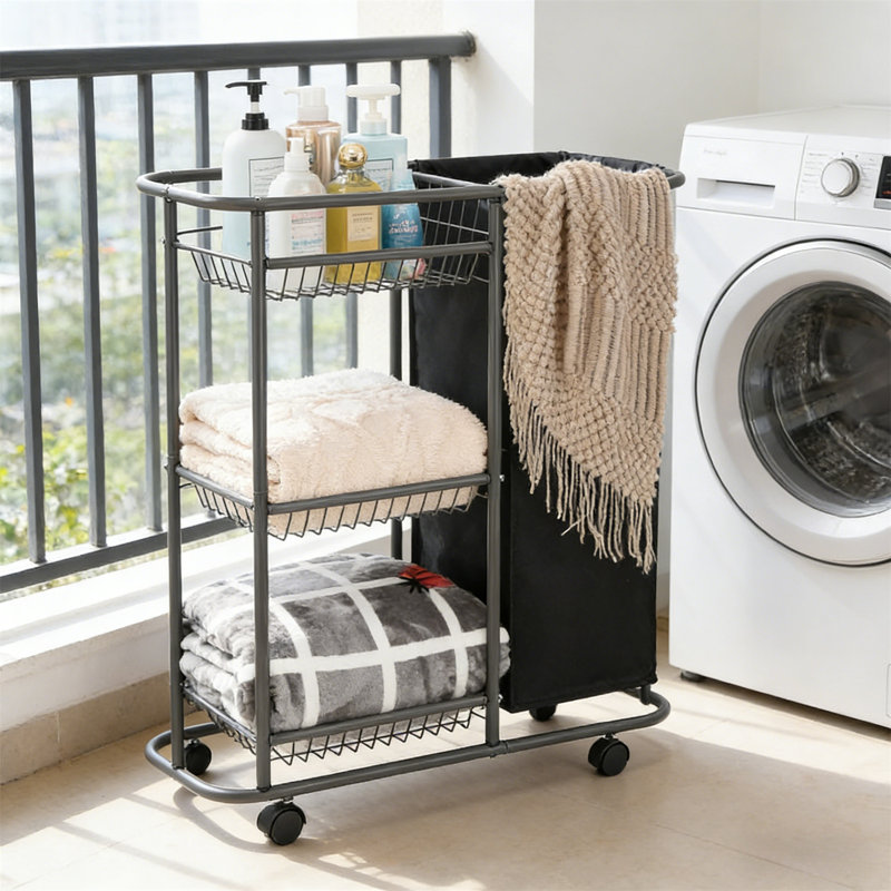 Laundry Cart, Three-Layer Laundry Basket With Wheels, Can Be Placed Between The Washing Machine And Dryer, Heavy-Duty Rolling Laundry Basket, Equipped With A 45 Liter Laundry Bag, Suitable For Narrow Spaces Such As Laundry Rooms, Bathrooms, And Bedrooms
