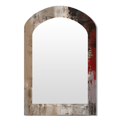 Fading Passion abstrait en rétro beige et rouge I - grand miroir arqué avec peinture abstraite, miroir mural décoratif asymétrique moderne, impression sur métal