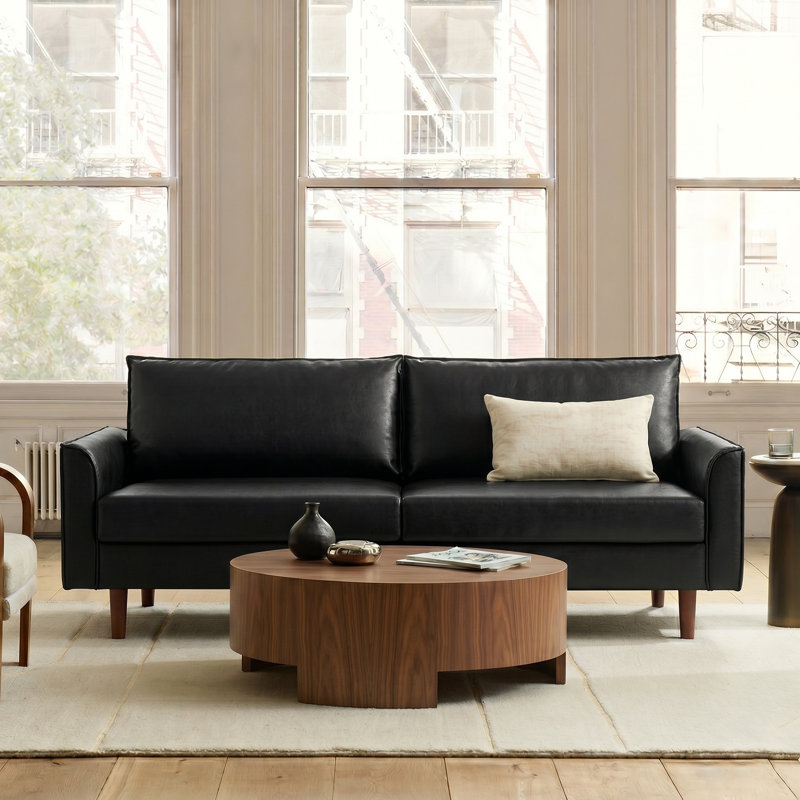 Alpha 78.5“ Mid-Century Modern Faux Leather Sofa with Solid Wood Legs, Black
