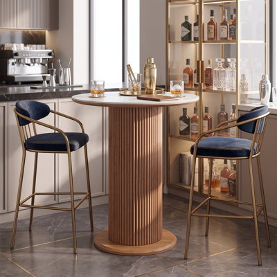 Round Sintered Stone Dining Table with Solid Wood Pedestal Base, Small Kitchen Table for Cozy Meals