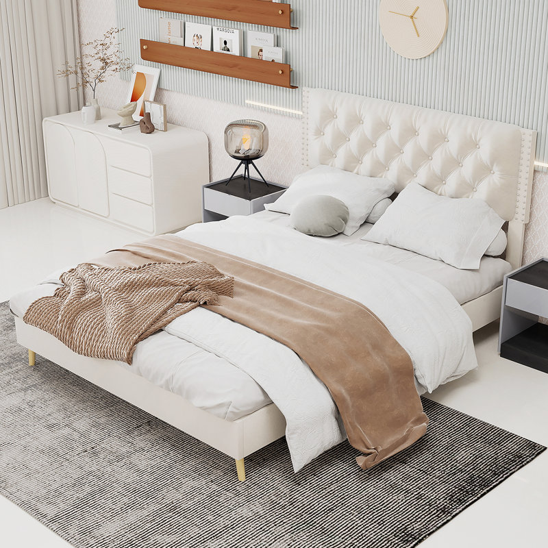Lit rembourré avec tête de lit capitonnée, Queen, Beige
