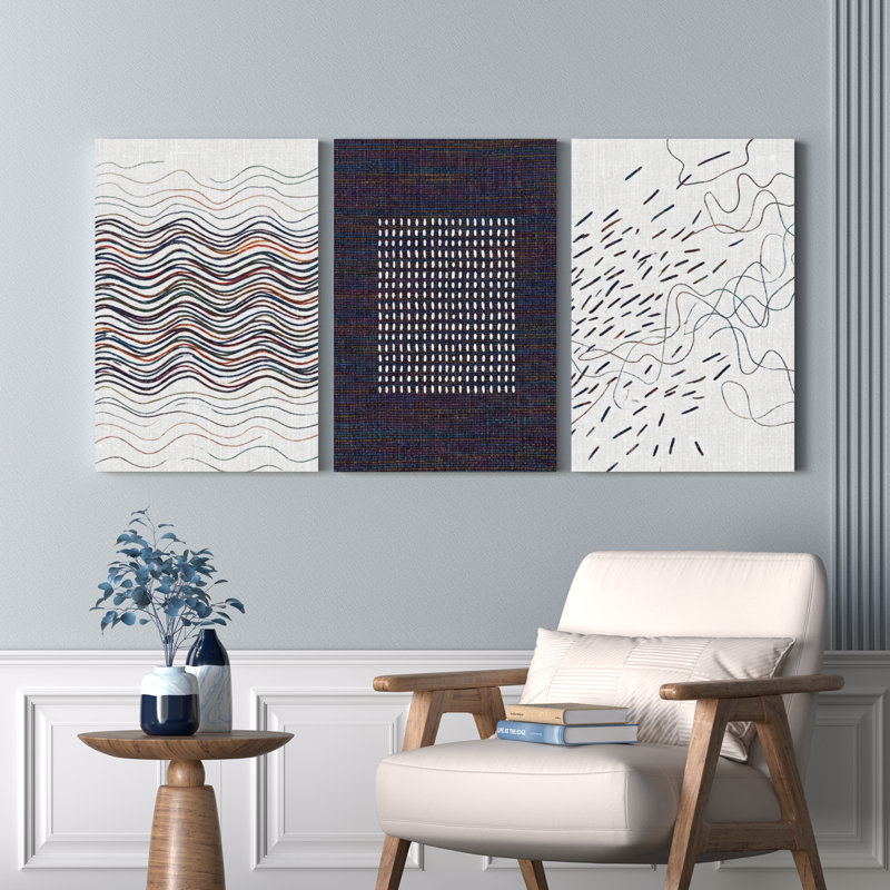 «Wavy Lines And Dots», ensemble de 3 reproductions d'art sur toile tendues, H 24 po x l 48 po