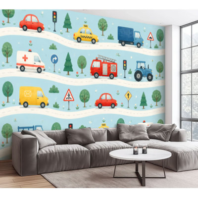 Wall Mural Peel and Stick Wallpaper Seamless cars traffic signs Childrens City map roads transport Self-Adhesive Removable Contact Paper Wall Decor for Living Room Bedroom 100"H x 144"W
