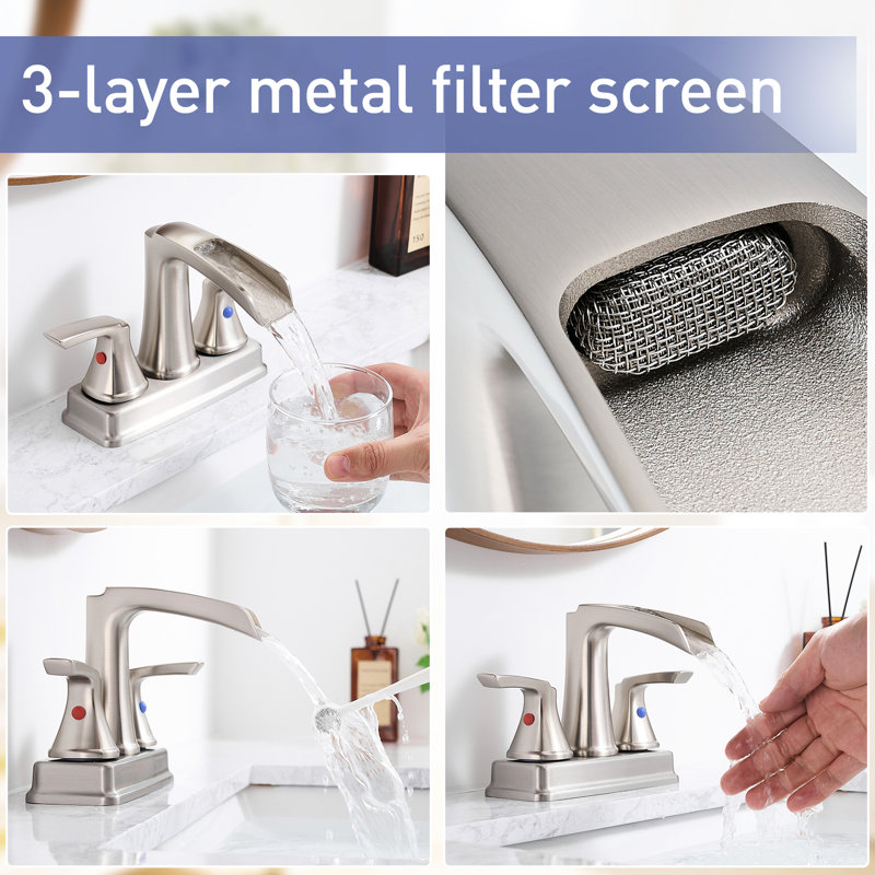 4 Inch Faucet For Bathroom, Brushed Nickel, Waterfall Design, 2 Handles, 360 Degree Rotation, 3 Hole Sink, - Fade And Finish Rotatable Spout, Rust Easy To Clean