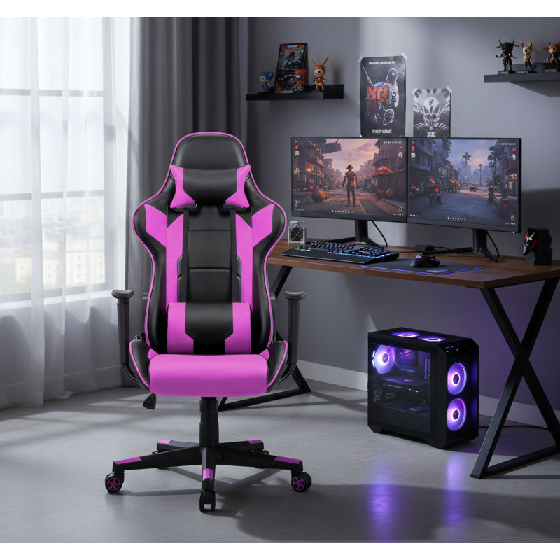 Purple Genuine Leather Chair Suitable For Both Office And Gaming Use; Adjustable And Swivel Design; Ergonomic Chair With Headrest And Lumbar Support.