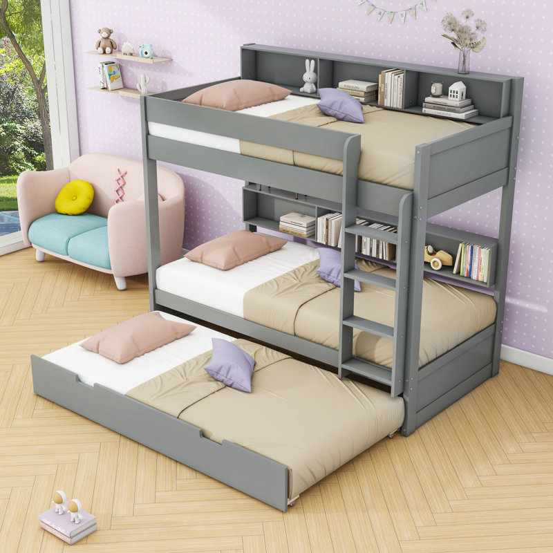 Lit superposé en bois avec lit gigogne simple et tablettes de rangement intégrées, échelle, Simple sur simple, Gris